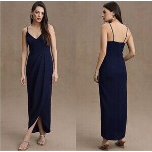 NWT Anthropologie BHLDN Size US 16 Midi Dress Lyra V-Neck Faux Wrap Crepe Navy